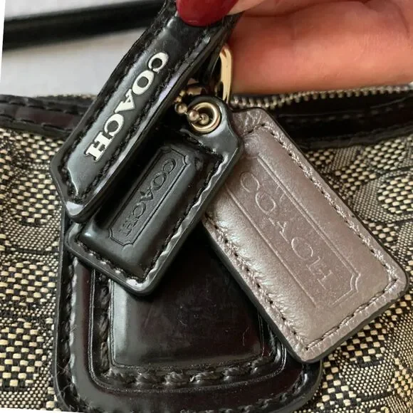 Coach Signature Jacquard Tote Bag Black Patent Leather Trim Shoulder Bag - Picture 8 of 12